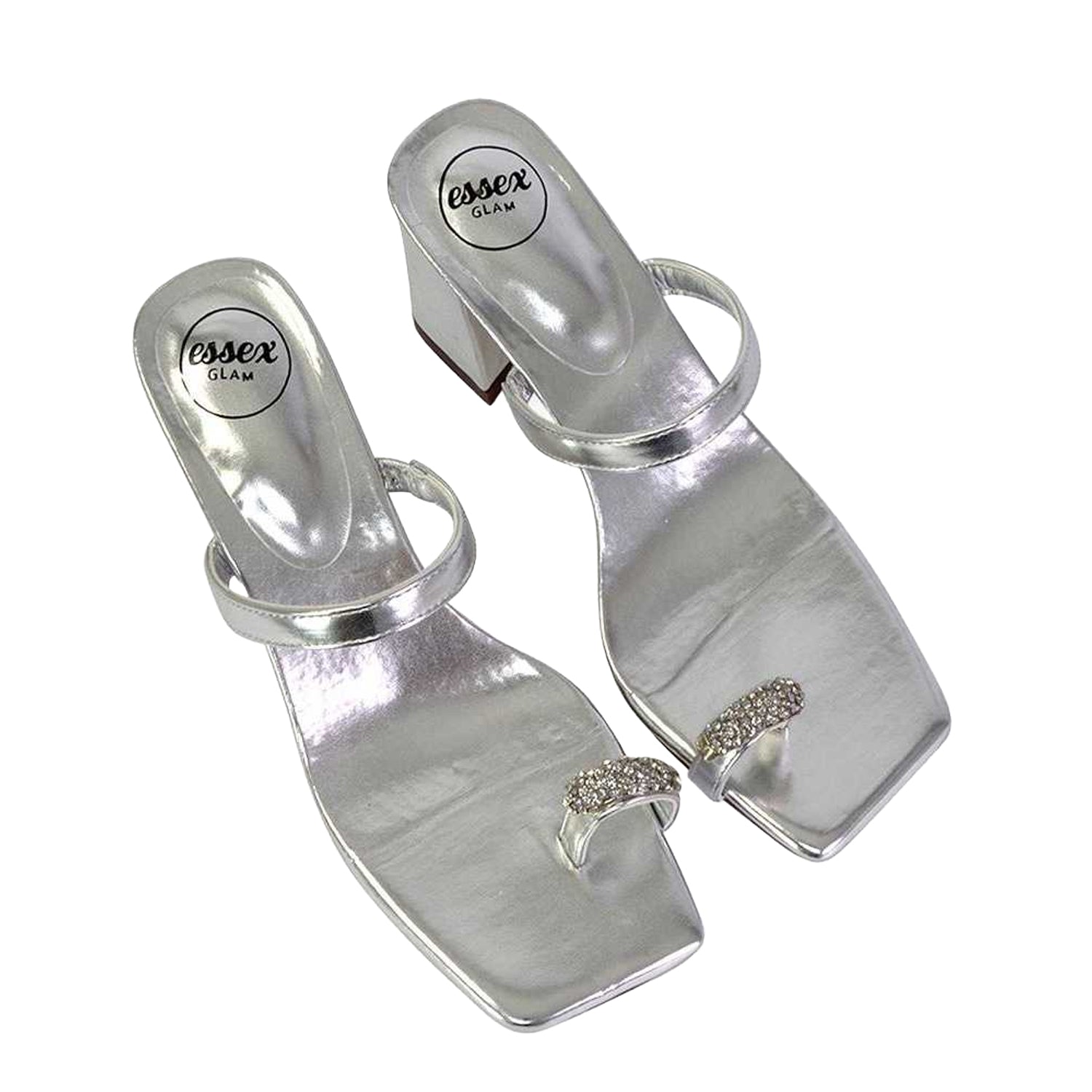 Metallic Silver - Side - XY London Womens-Ladies Daiquiri Diamante Double Strap Medium Block Heel Mule Sandals