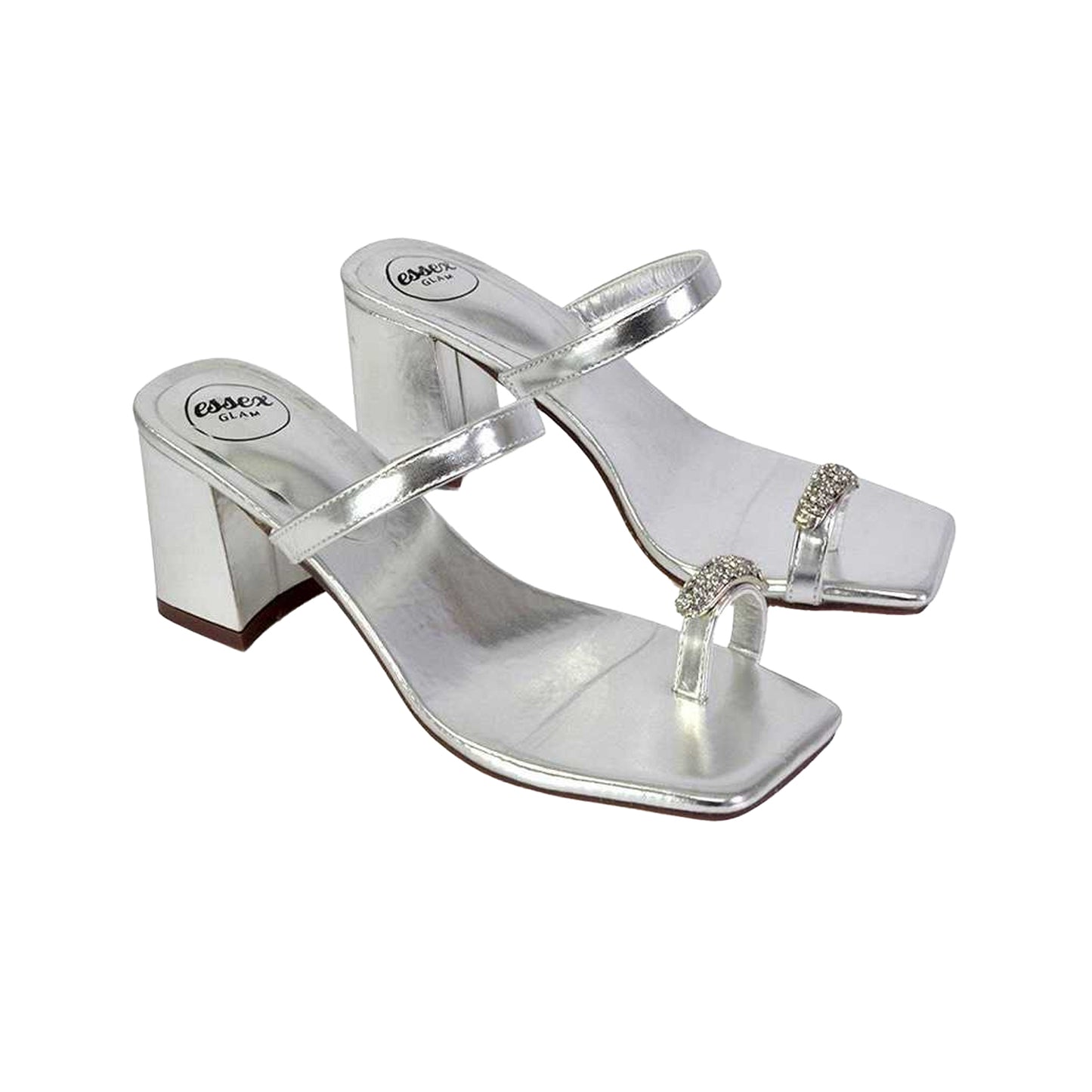 Metallic Silver - Pack Shot - XY London Womens-Ladies Daiquiri Diamante Double Strap Medium Block Heel Mule Sandals