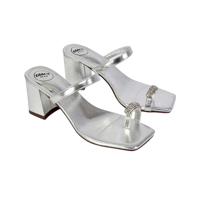 Metallic Silver - Pack Shot - XY London Womens-Ladies Daiquiri Diamante Double Strap Medium Block Heel Mule Sandals