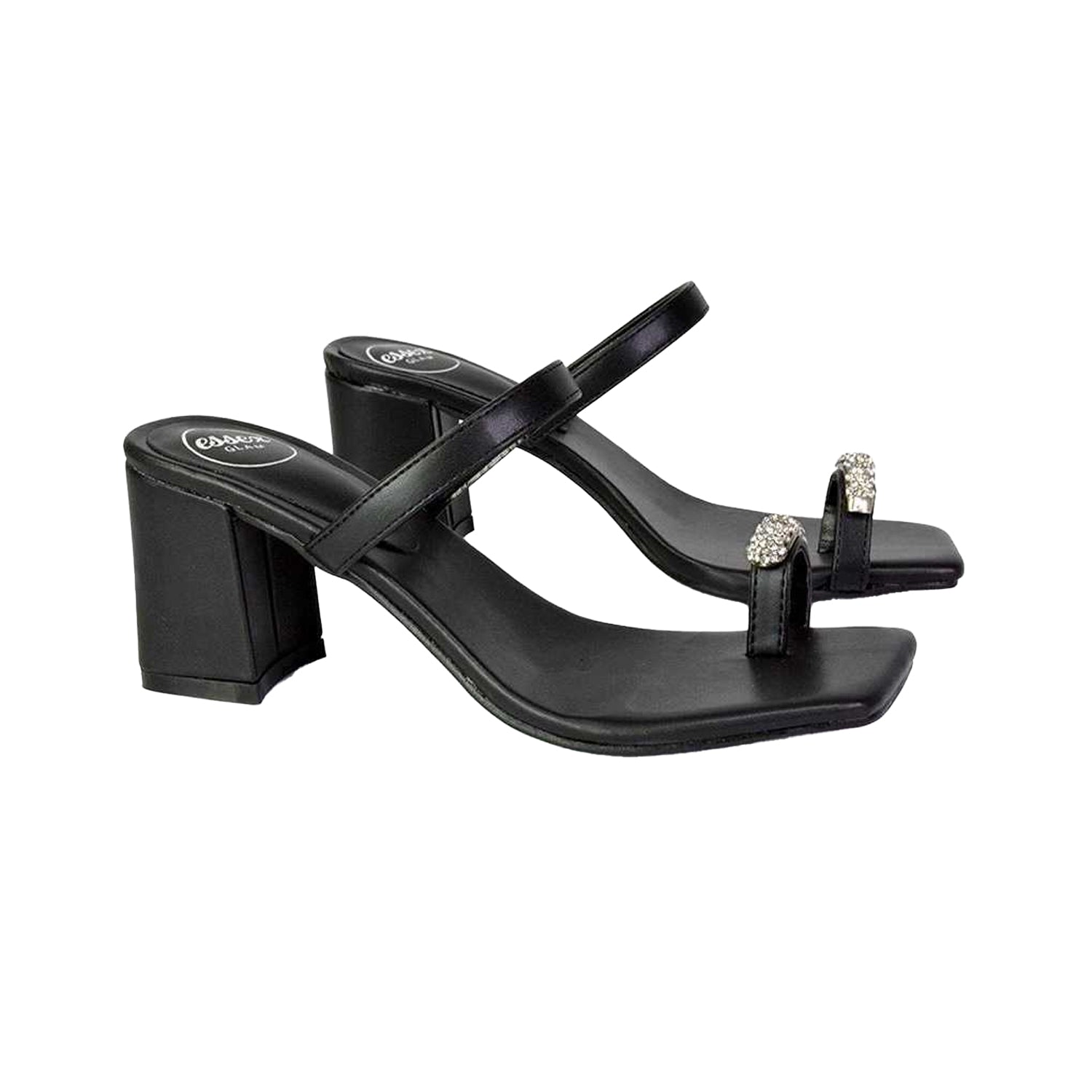 Black - Lifestyle - XY London Womens-Ladies Daiquiri Diamante Double Strap Medium Block Heel Mule Sandals