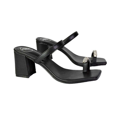 Black - Lifestyle - XY London Womens-Ladies Daiquiri Diamante Double Strap Medium Block Heel Mule Sandals