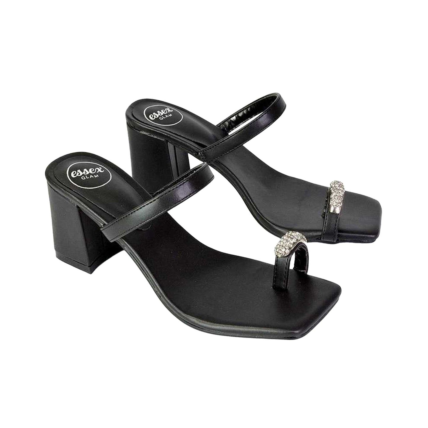 Black - Pack Shot - XY London Womens-Ladies Daiquiri Diamante Double Strap Medium Block Heel Mule Sandals