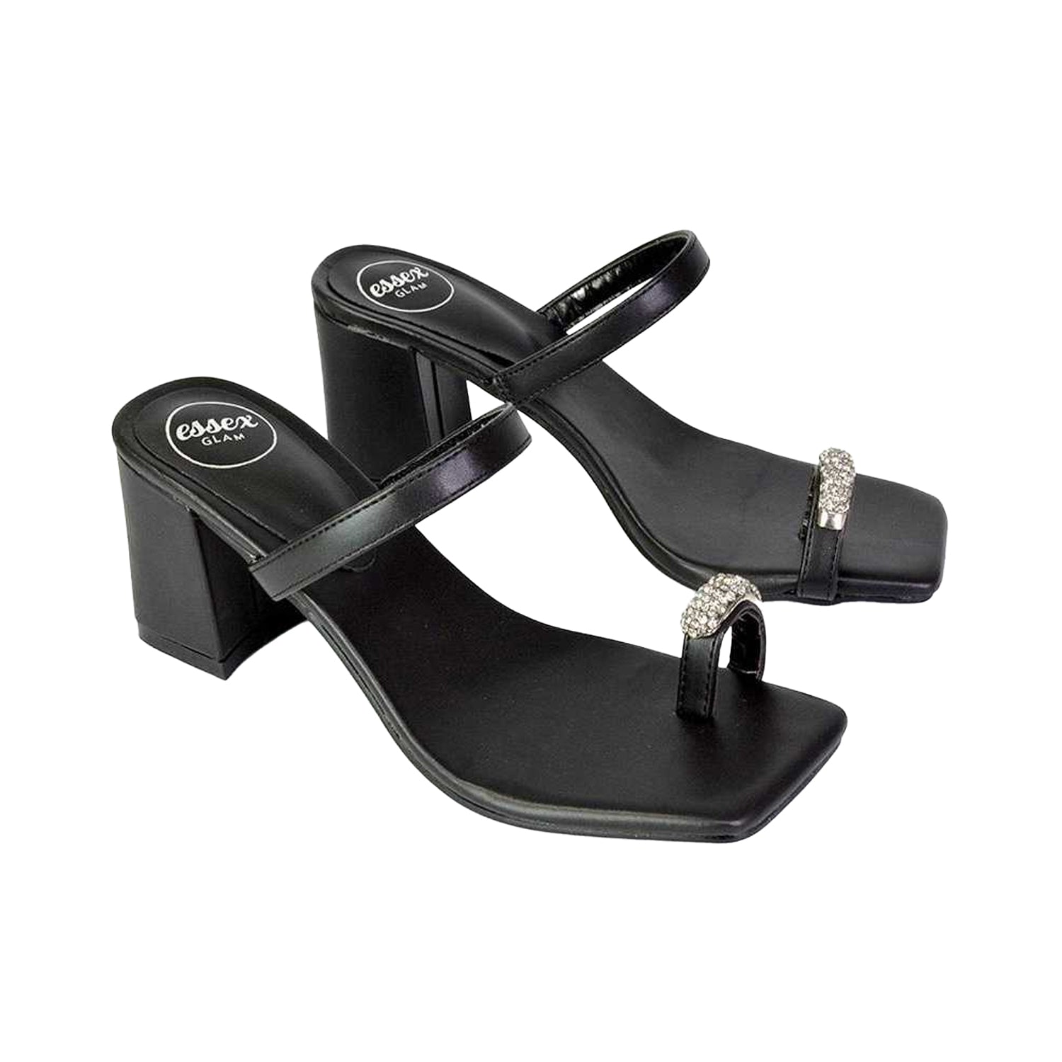 Black - Pack Shot - XY London Womens-Ladies Daiquiri Diamante Double Strap Medium Block Heel Mule Sandals