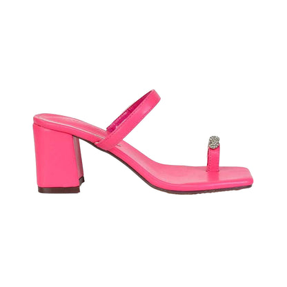 Fuchsia - Front - XY London Womens-Ladies Daiquiri Diamante Double Strap Medium Block Heel Mule Sandals