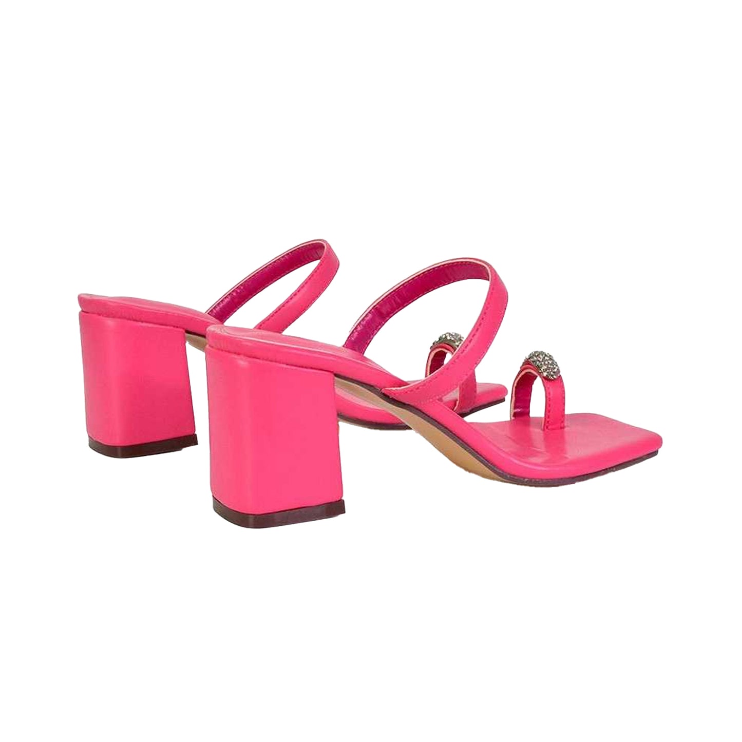 Fuchsia - Back - XY London Womens-Ladies Daiquiri Diamante Double Strap Medium Block Heel Mule Sandals
