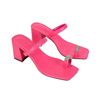Fuchsia - Pack Shot - XY London Womens-Ladies Daiquiri Diamante Double Strap Medium Block Heel Mule Sandals