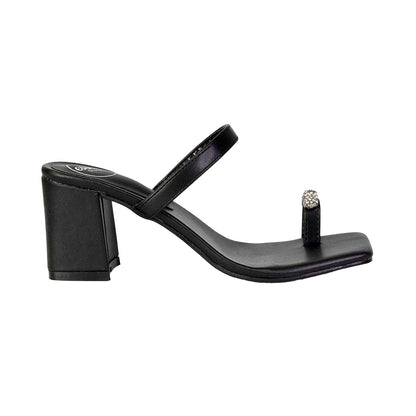 Black - Front - XY London Womens-Ladies Daiquiri Diamante Double Strap Medium Block Heel Mule Sandals