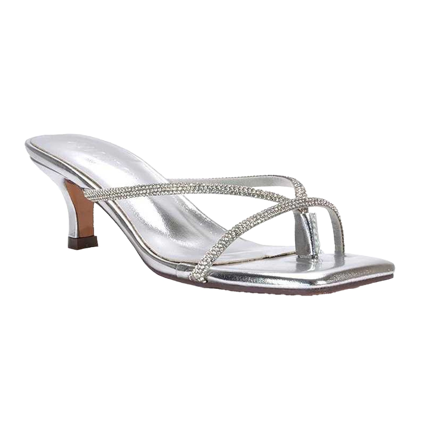 Metallic Silver - Front - XY London Womens-Ladies Megan Diamante Kitten Heel Mule Sandals