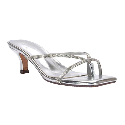 Metallic Silver - Front - XY London Womens-Ladies Megan Diamante Kitten Heel Mule Sandals