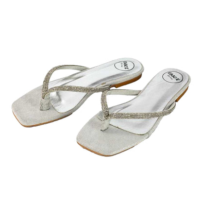 Silver - Back - XY London Womens-Ladies Raina Diamante Thong Strap Flat Sliders