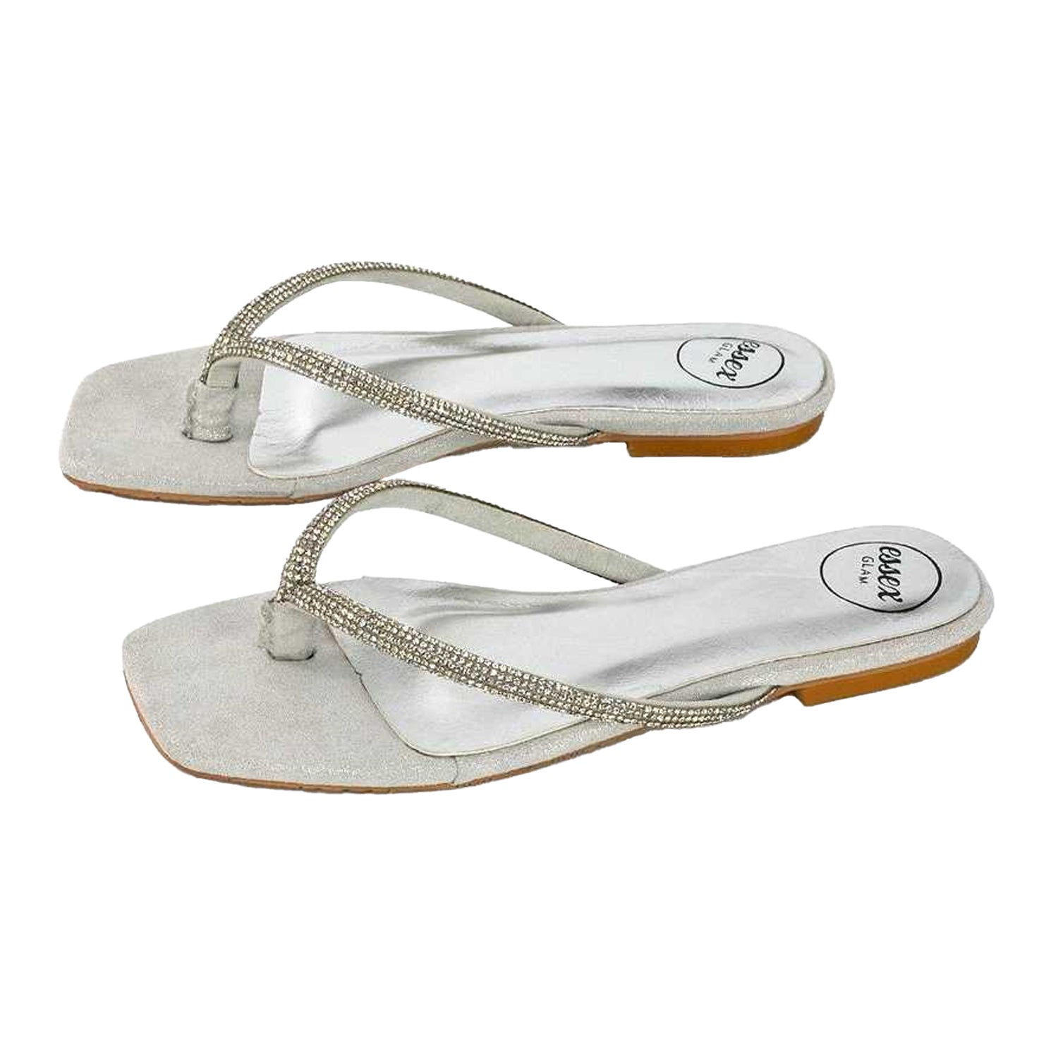 Silver - Side - XY London Womens-Ladies Raina Diamante Thong Strap Flat Sliders