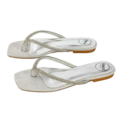 Silver - Side - XY London Womens-Ladies Raina Diamante Thong Strap Flat Sliders