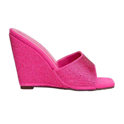 Pink - Side - XY London Womens-Ladies Peggie Rhinestone Wedge Mules