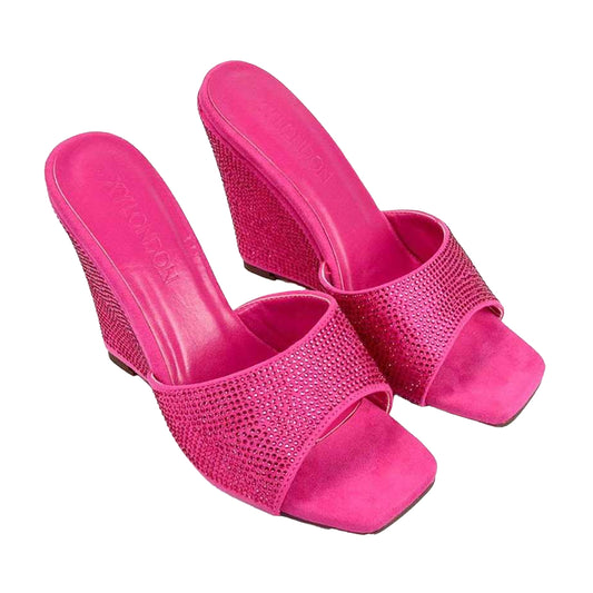 Pink - Front - XY London Womens-Ladies Peggie Rhinestone Wedge Mules