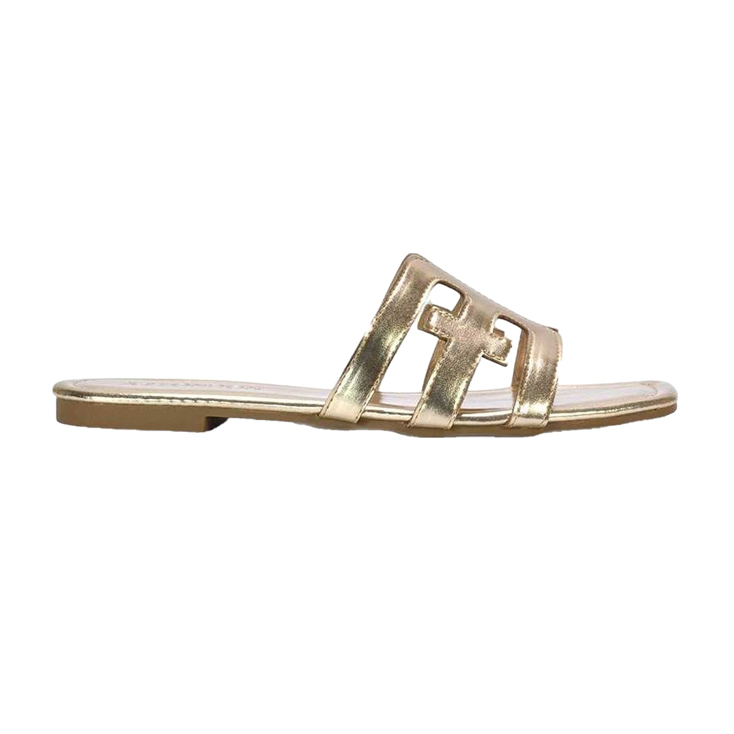 Gold - Back - XY London Womens-Ladies Ellie Metallic Cut Out Strap Square Flat Sandals