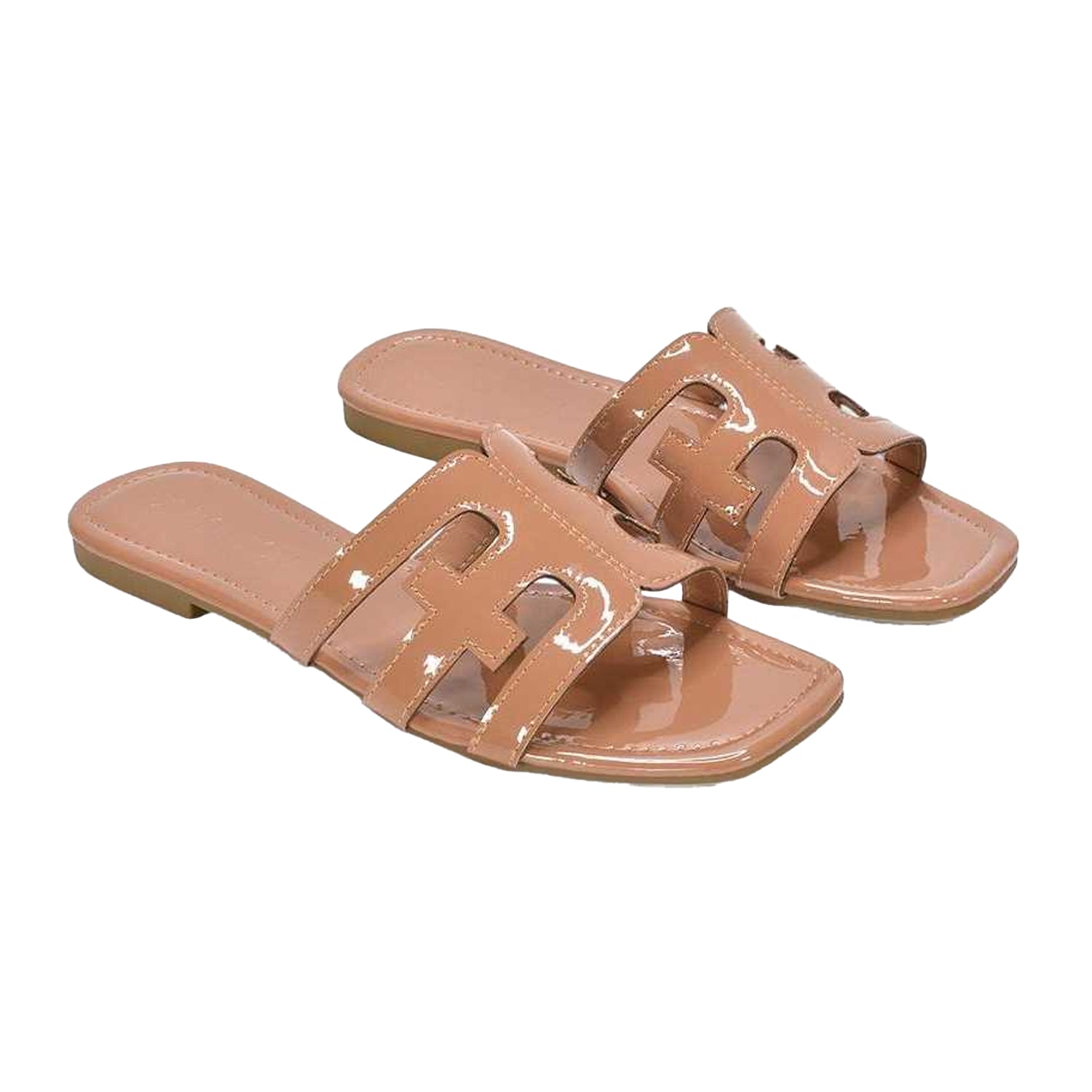Taupe - Side - XY London Womens-Ladies Ellie Metallic Cut Out Strap Square Flat Sandals