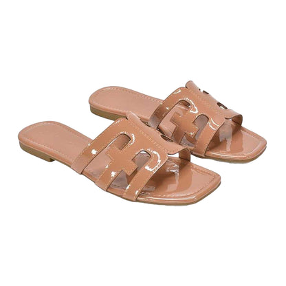 Taupe - Side - XY London Womens-Ladies Ellie Metallic Cut Out Strap Square Flat Sandals