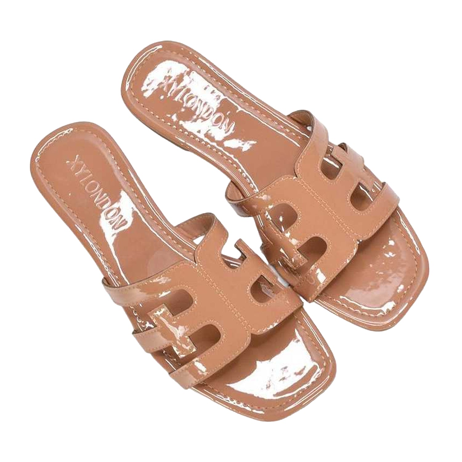 Taupe - Lifestyle - XY London Womens-Ladies Ellie Metallic Cut Out Strap Square Flat Sandals