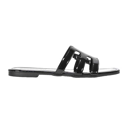 True Black - Back - XY London Womens-Ladies Ellie Metallic Cut Out Strap Square Flat Sandals