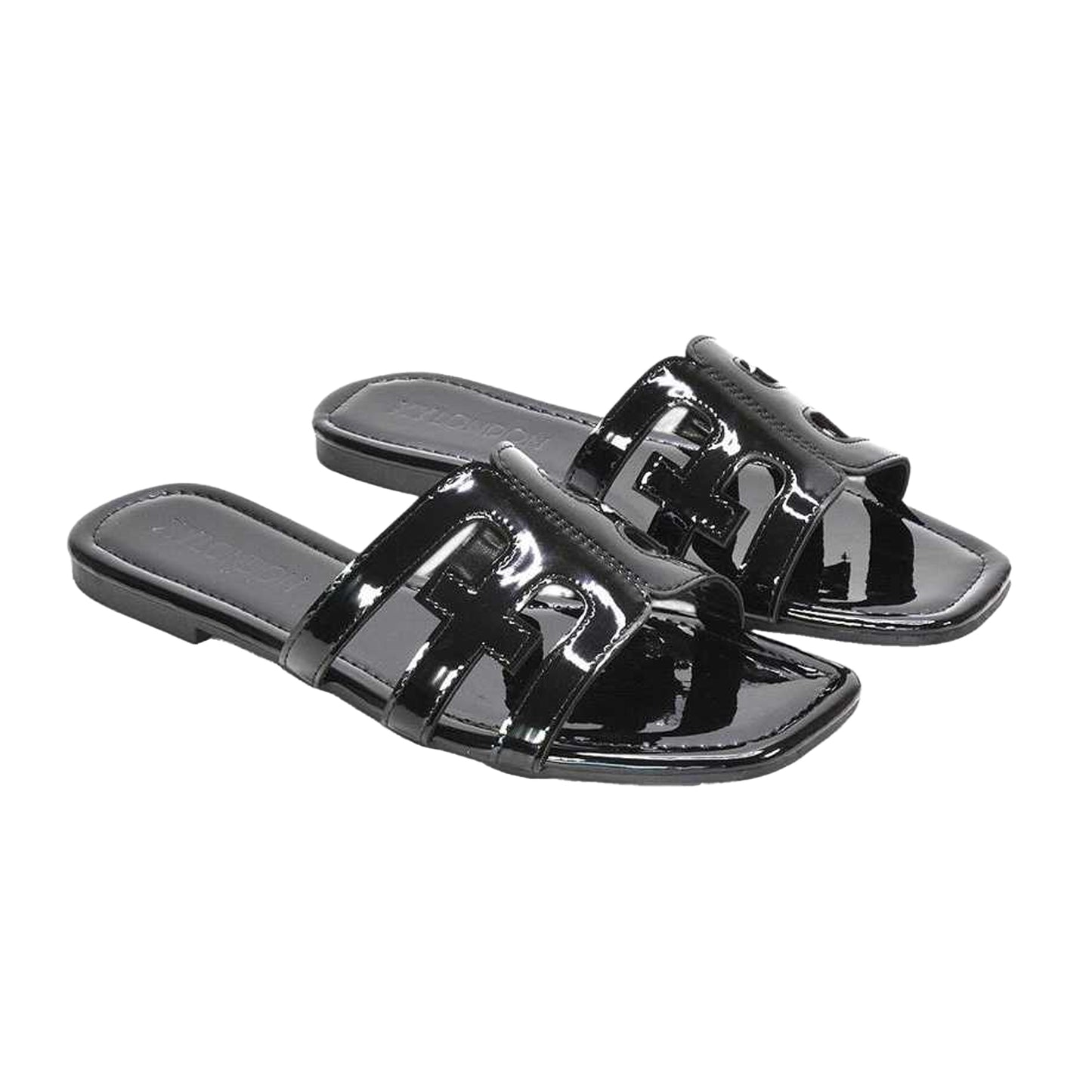 True Black - Side - XY London Womens-Ladies Ellie Metallic Cut Out Strap Square Flat Sandals
