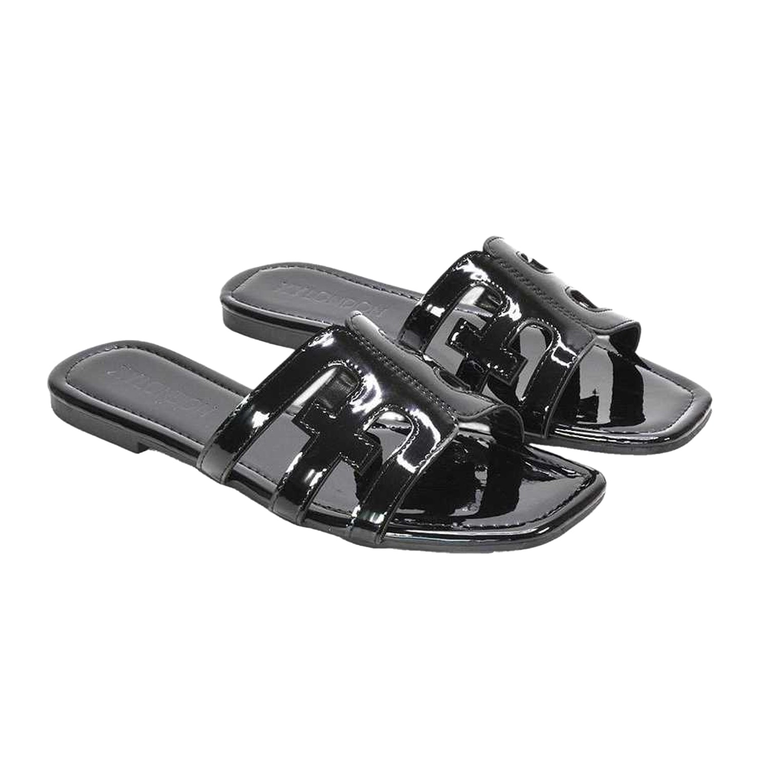 True Black - Side - XY London Womens-Ladies Ellie Metallic Cut Out Strap Square Flat Sandals