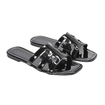 True Black - Side - XY London Womens-Ladies Ellie Metallic Cut Out Strap Square Flat Sandals