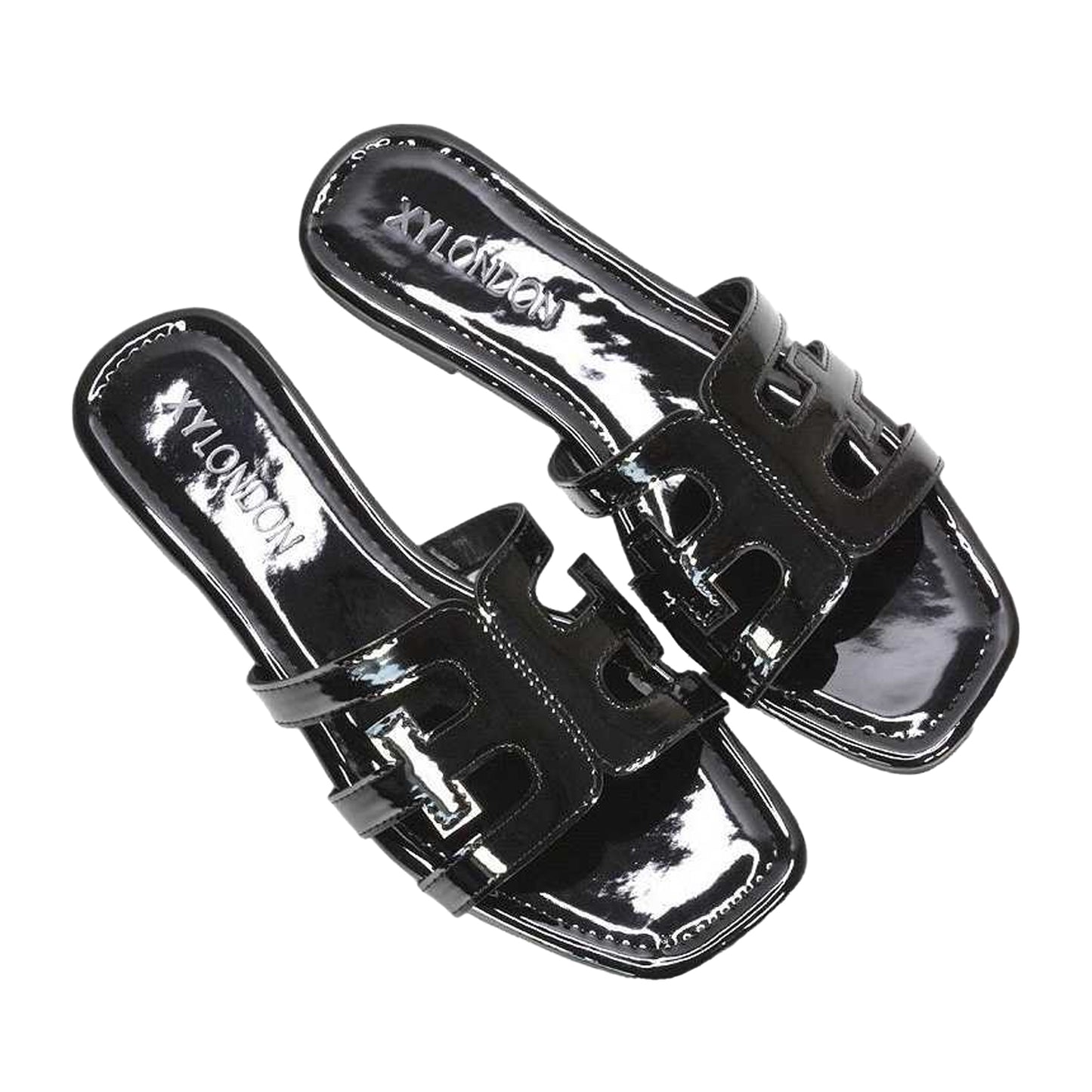 True Black - Lifestyle - XY London Womens-Ladies Ellie Metallic Cut Out Strap Square Flat Sandals