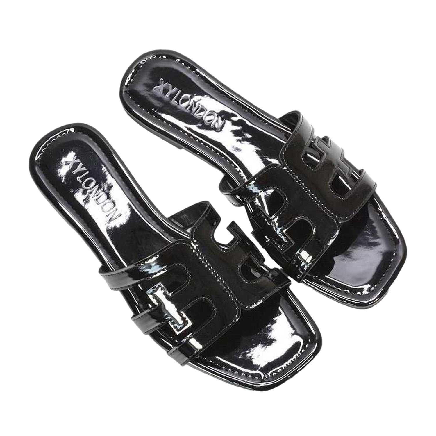 True Black - Lifestyle - XY London Womens-Ladies Ellie Metallic Cut Out Strap Square Flat Sandals