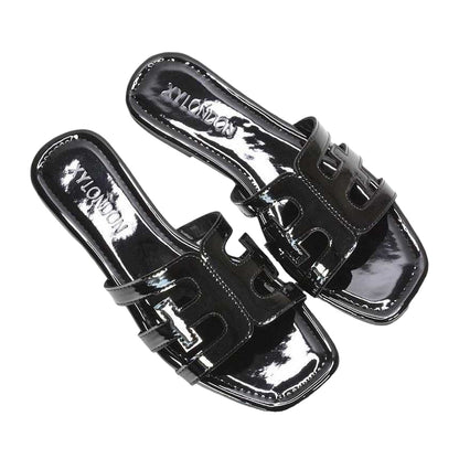 True Black - Lifestyle - XY London Womens-Ladies Ellie Metallic Cut Out Strap Square Flat Sandals