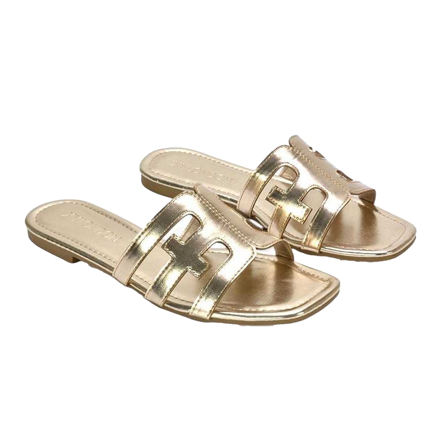 Gold - Side - XY London Womens-Ladies Ellie Metallic Cut Out Strap Square Flat Sandals