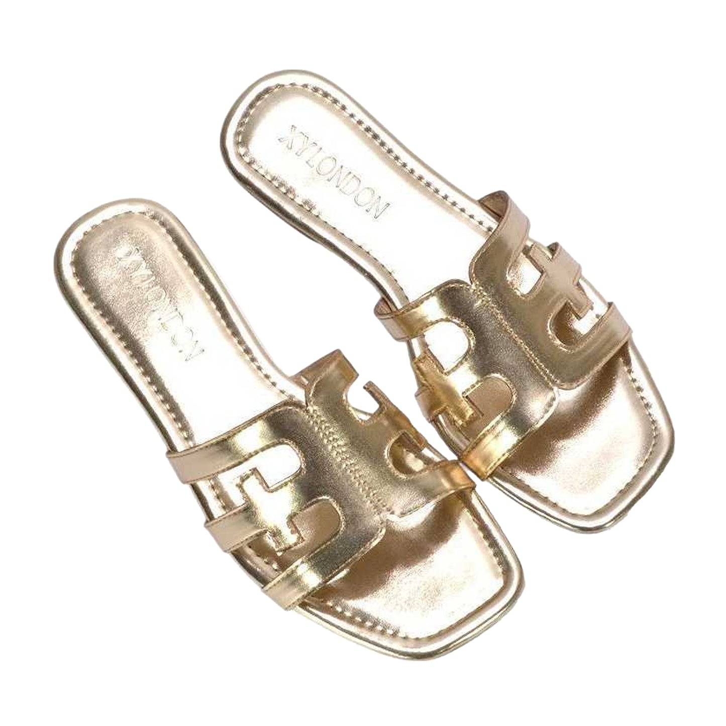 Gold - Lifestyle - XY London Womens-Ladies Ellie Metallic Cut Out Strap Square Flat Sandals