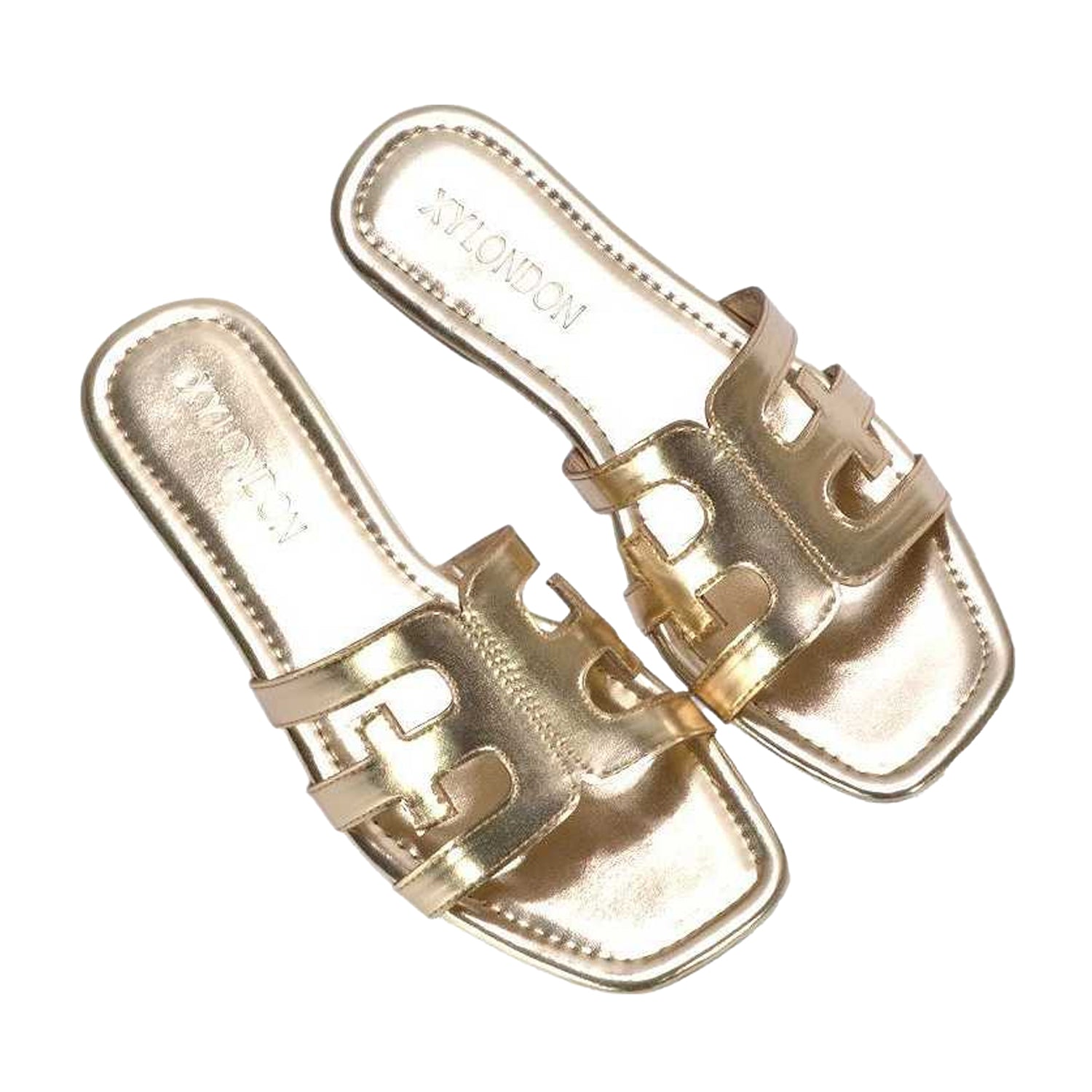 Gold - Lifestyle - XY London Womens-Ladies Ellie Metallic Cut Out Strap Square Flat Sandals