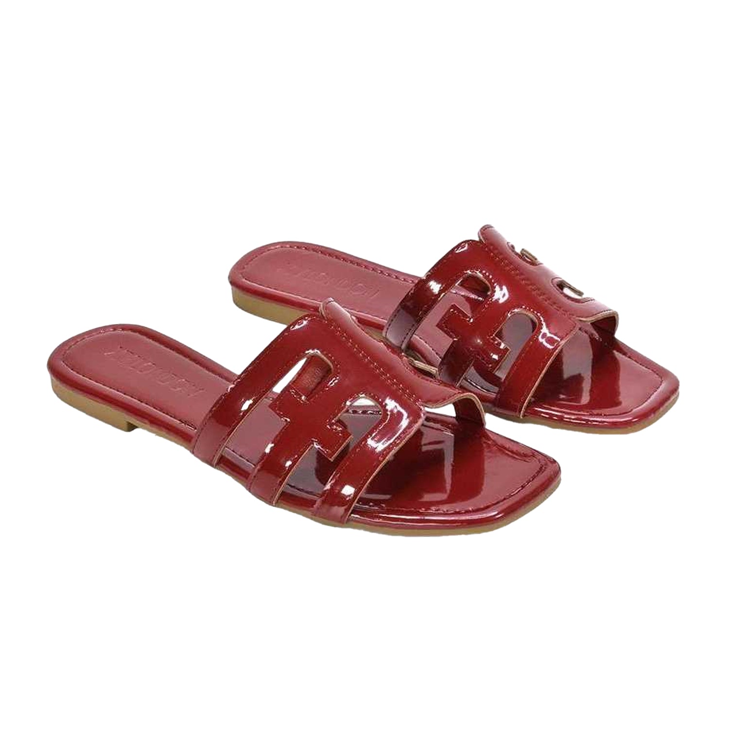 Red - Side - XY London Womens-Ladies Ellie Metallic Cut Out Strap Square Flat Sandals
