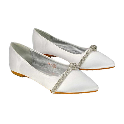 White - Front - XY London Womens-Ladies Halley Diamante Bridal Ballet Flats