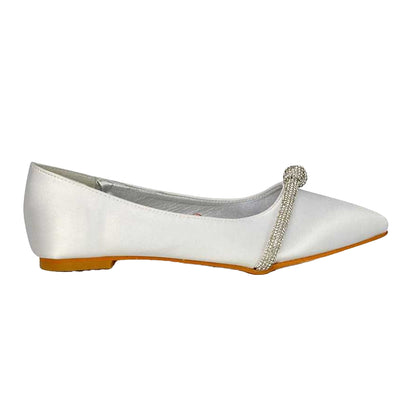 White - Side - XY London Womens-Ladies Halley Diamante Bridal Ballet Flats