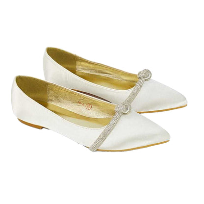 Ivory - Front - XY London Womens-Ladies Halley Diamante Bridal Ballet Flats