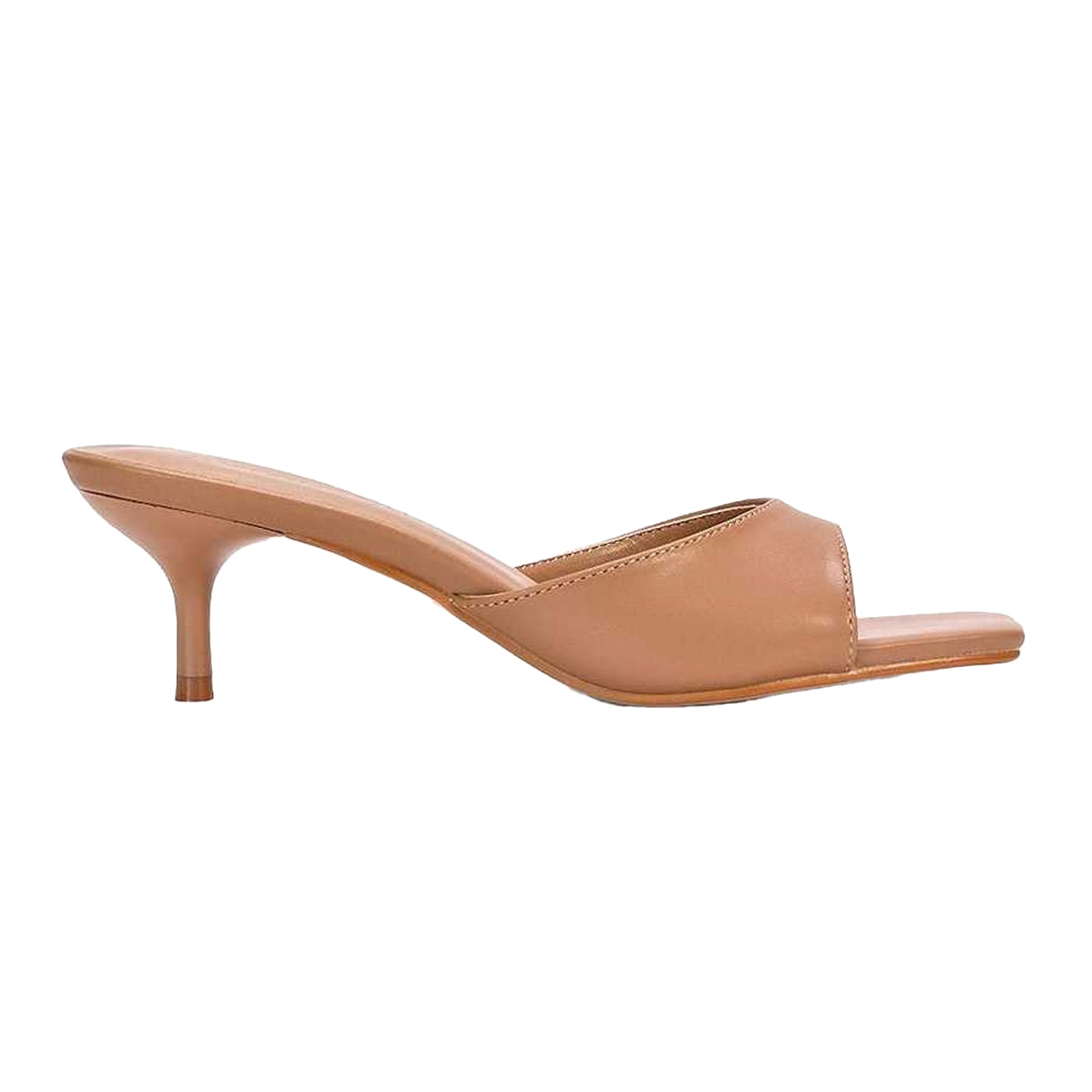 Taupe - Side - XY London Womens-Ladies Jane Square Toe Kitten Heel Mule Sandals