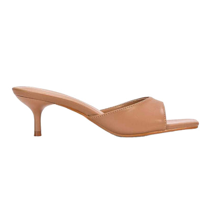 Taupe - Side - XY London Womens-Ladies Jane Square Toe Kitten Heel Mule Sandals