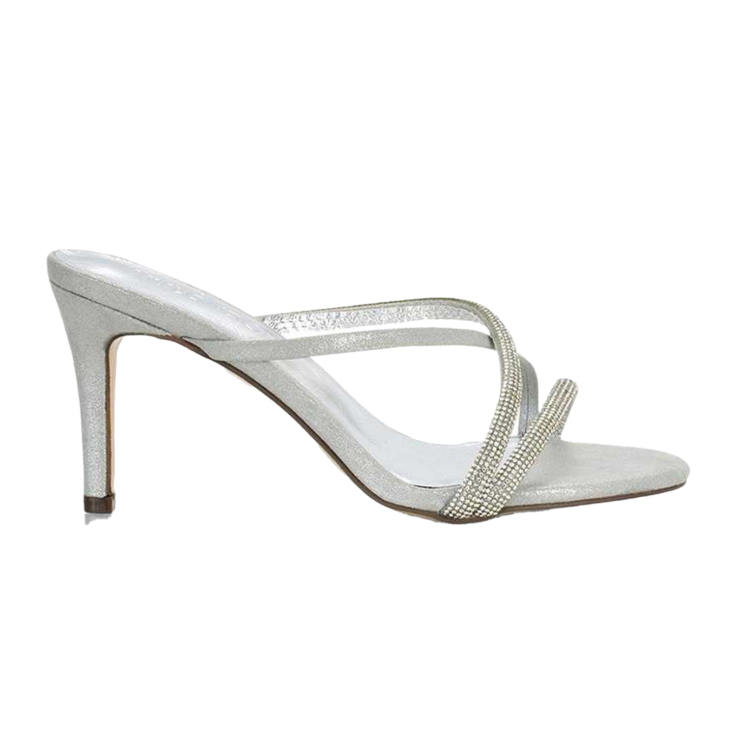 Silver - Side - XY London Womens-Ladies Teddie Diamante Crossover Strap Mule Sandals