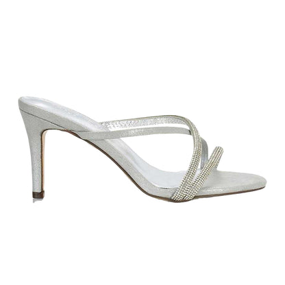 Silver - Side - XY London Womens-Ladies Teddie Diamante Crossover Strap Mule Sandals