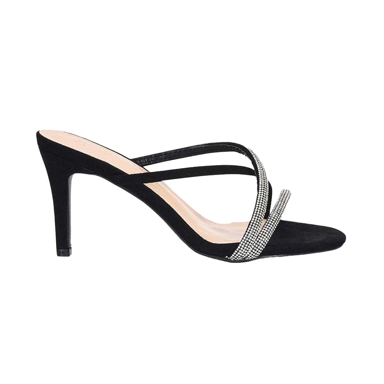 Jet Black - Side - XY London Womens-Ladies Teddie Diamante Crossover Strap Mule Sandals