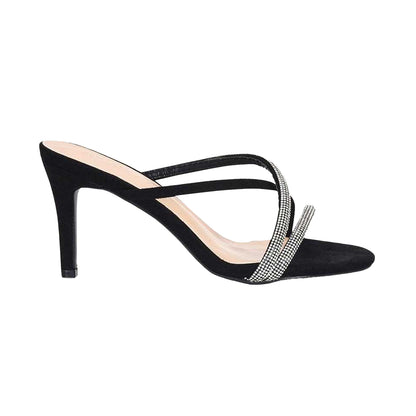 Jet Black - Side - XY London Womens-Ladies Teddie Diamante Crossover Strap Mule Sandals