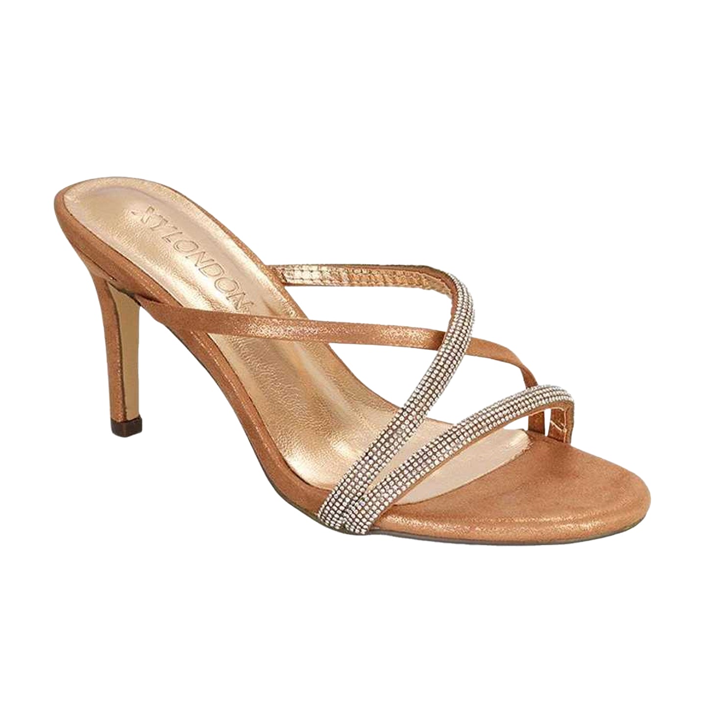 Rose Gold - Front - XY London Womens-Ladies Teddie Diamante Crossover Strap Mule Sandals