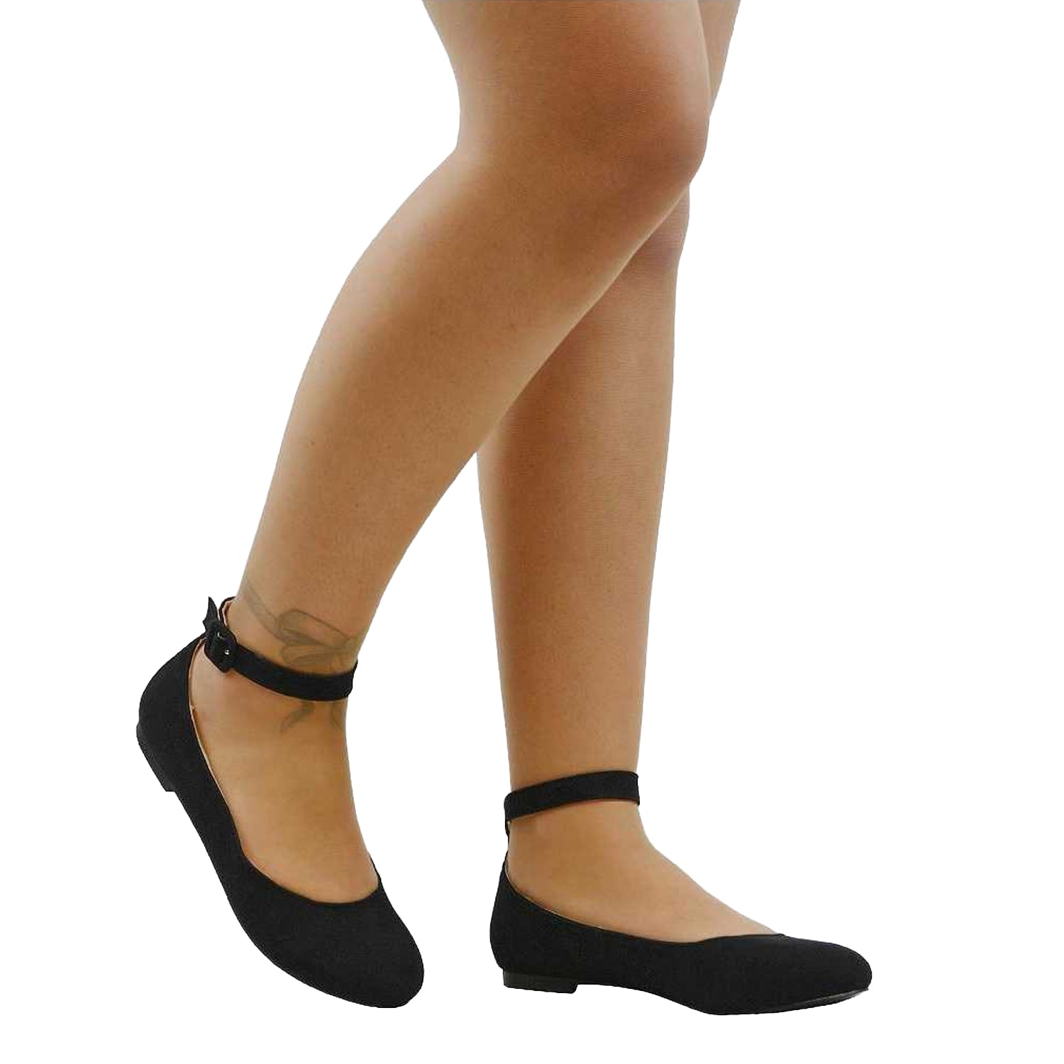 Jet Black - Side - XY London Womens-Ladies Kimmie Ankle Strap Ballerina Flats