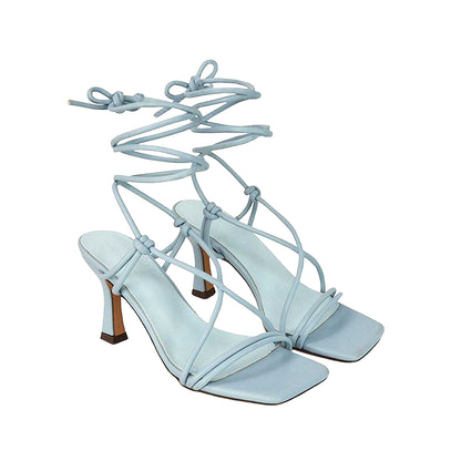 Light Blue - Back - XY London Womens-Ladies Callie Lace Up Mid High Heel Sandals