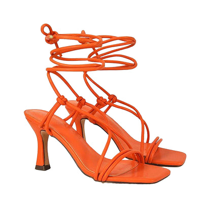 Orange - Side - XY London Womens-Ladies Callie Lace Up Mid High Heel Sandals