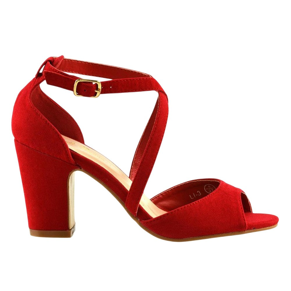 Red - Back - XY London Womens-Ladies Alice Strappy Mid High Block Sandals