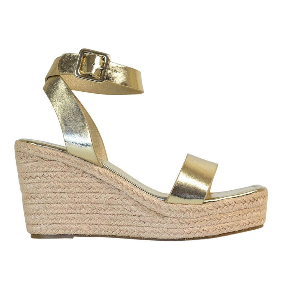 Metallic Gold - Side - XY London Womens-Ladies Linda Woven Metallic Platform Wedge Sandals