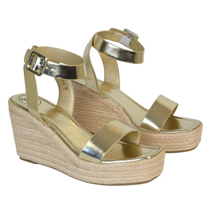 Metallic Gold - Pack Shot - XY London Womens-Ladies Linda Woven Metallic Platform Wedge Sandals