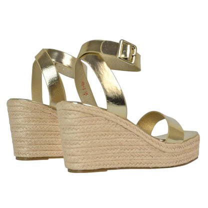 Metallic Gold - Back - XY London Womens-Ladies Linda Woven Metallic Platform Wedge Sandals